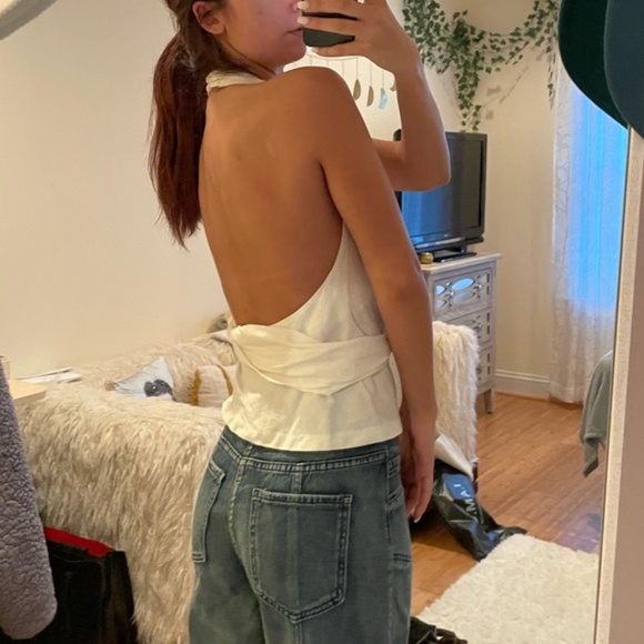 Zara Cream Asymmetrical Tie Front backless Tank Top L - Picture 2 of 9